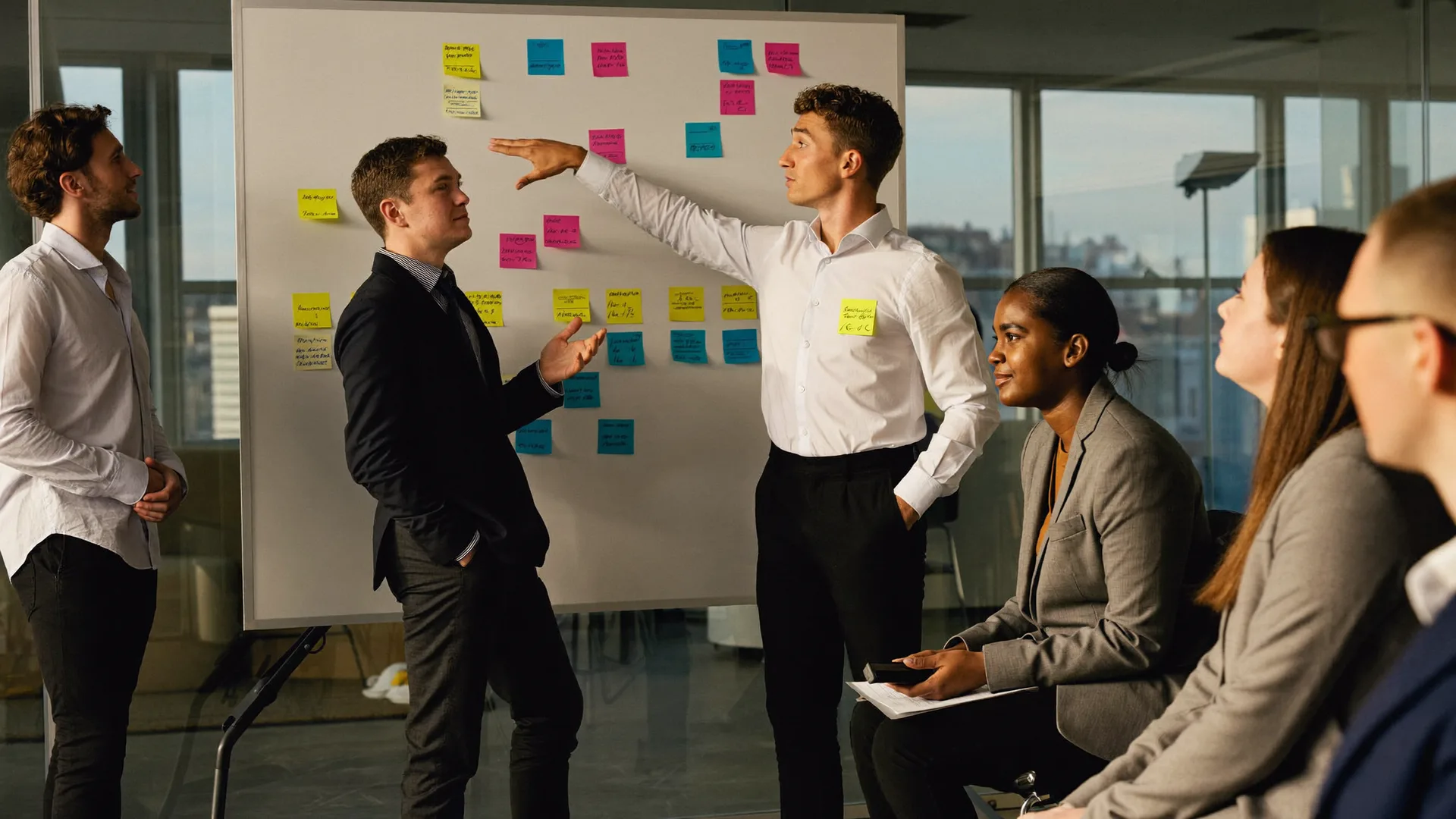 Equipe jovem apresentando propostas com post-its para executivos