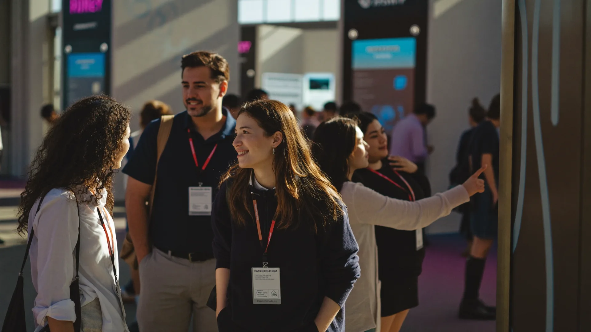 Grupo com credenciais explorando os estandes de uma feira de inovação