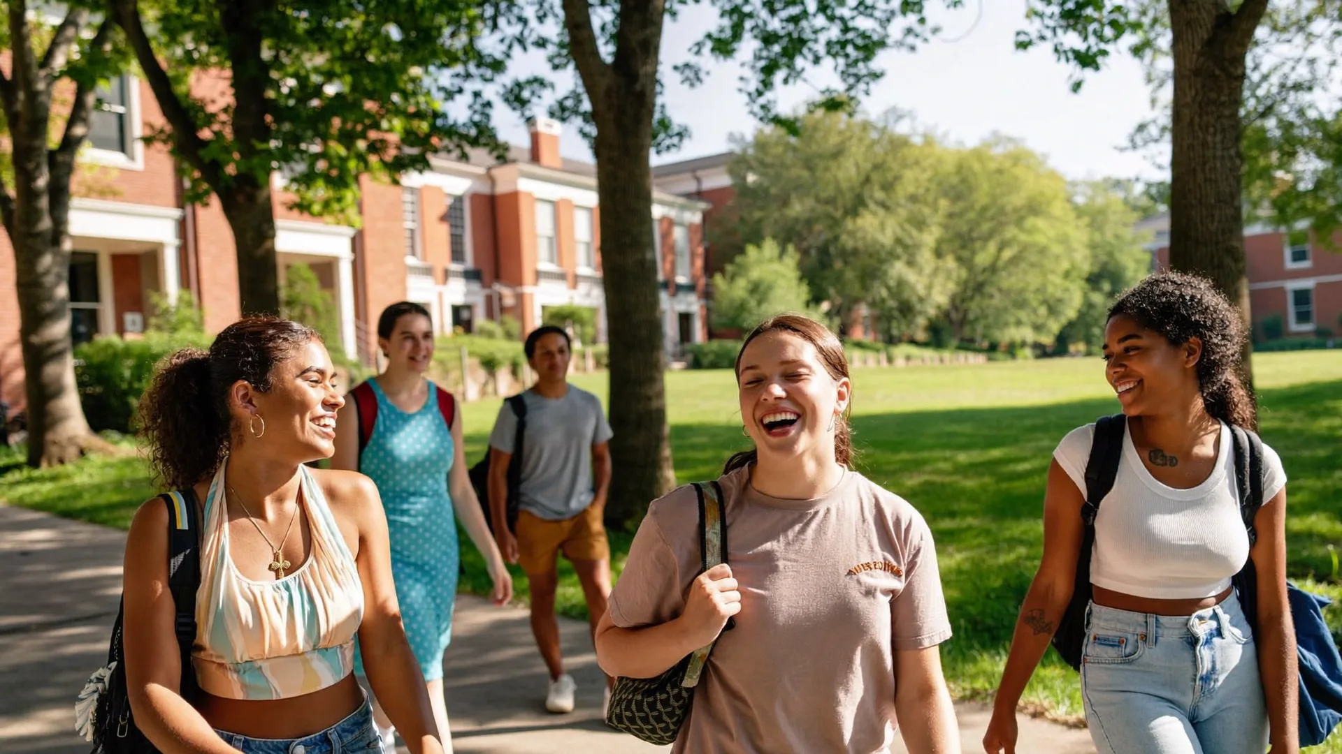 Estudantes caminhando por um campus universitário americano no verão